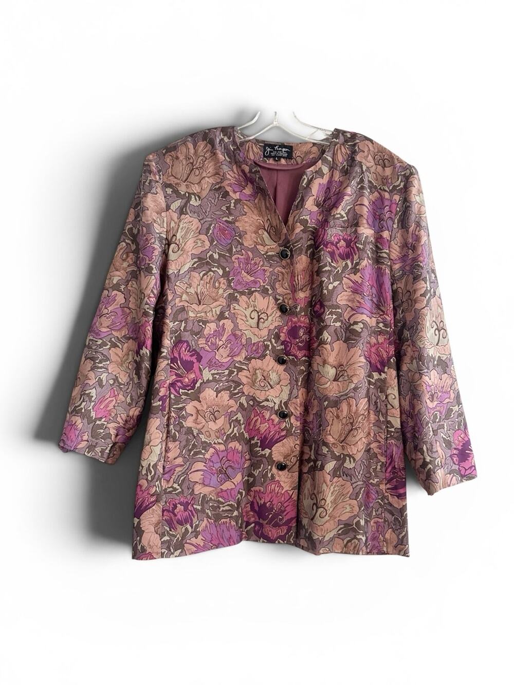 Jim Thompson 100% Thai Silk Blazer Retro Jacket Vintage Purple Floral LARGE
